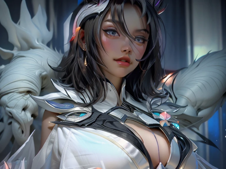 master piece,highest quality,blue lightning,Realistic,Realistic details,high details。blue crystal。Black suspended particles。black smoke。Surrounded by black crystals。black smoke wafts around。twist your body。dark。While laughing。very short。short hair。blonde。lying down。 1 girl、 Beautiful woman、 、 Texture Detailed skin、 Detailed_no one、、 belly button、 separate the sleeves、 exposed bare shoulders、 central opening、へき開 between breastiddle breasts、 Long feather clip、 blue hair ornament、 view audience、attraction。Has tattoos。devil's tail。Gold pattern on chest。Luminous tattoo。devil's wings。Black and gold tiara。headgear。Intricate and extravagant headwear。smile。Luminous blade,My whole body gets wet,pose with your hips facing you