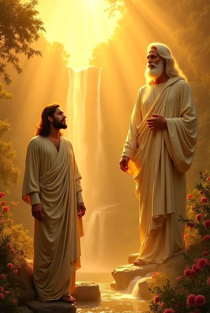 prophet Enoch, Man with white beard, age between 70 years, God looking down on Enoch, Enoch kneeling in a forest praying
