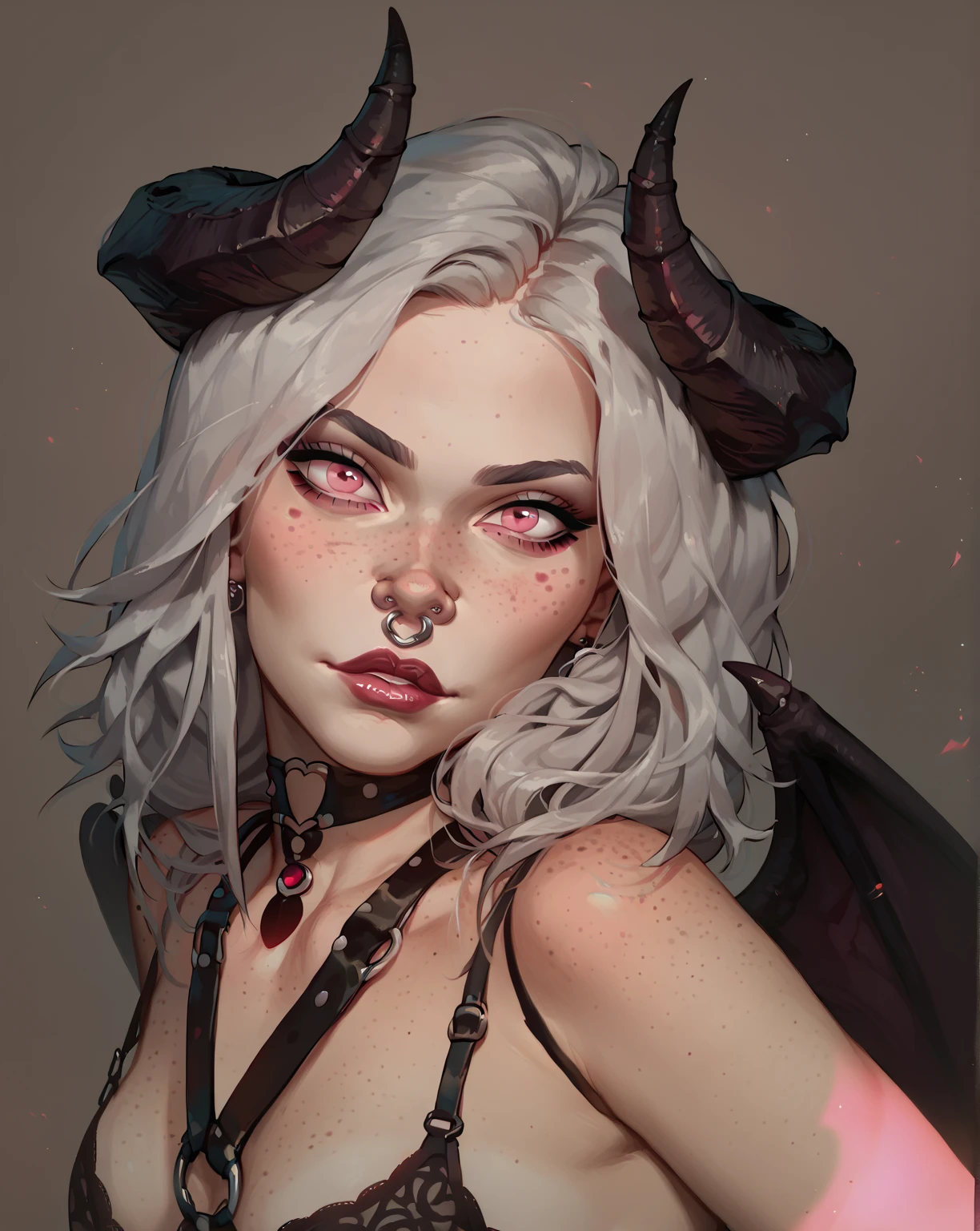 a close up of a woman with horns and a demon face, mostly greyscale, portrait of demon girl, demon girl, portrait demon half human, portrait of a female demon, white horns queen demon, detailed but rough, demon woman, inked digital, with horns, horns and red eyes, dnd portrait of a tiefling, drawn with photoshop, dark linework