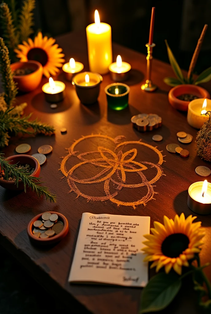 A Brazilian-style ritual table for prosperity, illuminated only by ...