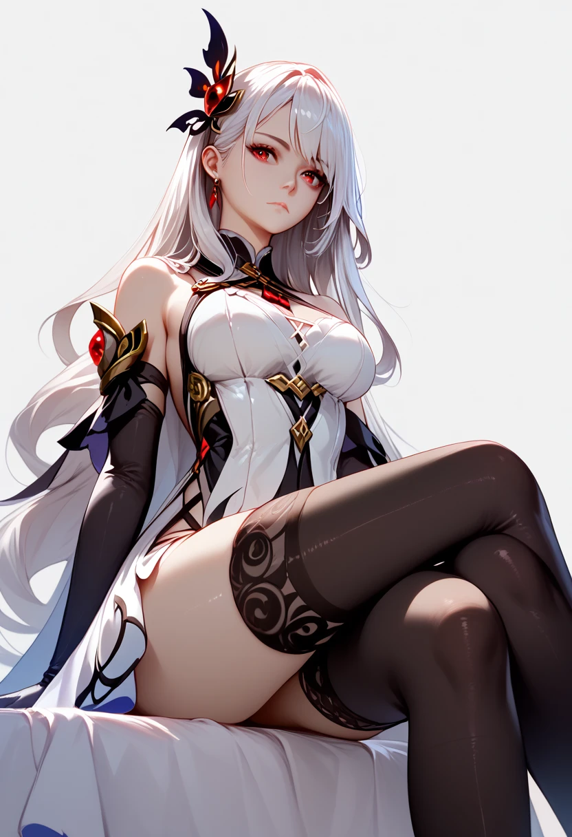 ((masterpiece, best quality, ultra-detailed, ultra-HD, photorealistic, cinematic)), ((alluring female model as Frieren)), (petite, female Elf with green eyes and long white hair tied into two pigtails), (large, pointed ears), (voluptuous body), perfect body, sexy body, perfect face, perfect hands, (medium-size cleavage), round ass, long round legs, (wears a striped black and white shirt, along with a white jacket with gold embellishments tucked into a matching skirt with a black belt), (over her jacket, she wears a short white and gold cape with a high collar), (close-up shot, from below:1.5), (wears black leggings and brown boots, and a pair of gold and red earrings), (gradient background:1.2), (sensual pose:1.2)