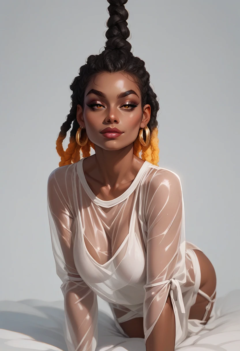Jubilee,short black hair, brown eyes, solo, standing,  upper body,     covered nipples,   smile, 
jubJak,  open yellow jacket, purple shades on head, hoop earrings ,blue gloves, pink shirt, 
streets, chain fence,  retro,  graffiti, 
 (insanely detailed, beautiful detailed face, masterpiece, beautiful detailed eyes, best quality)