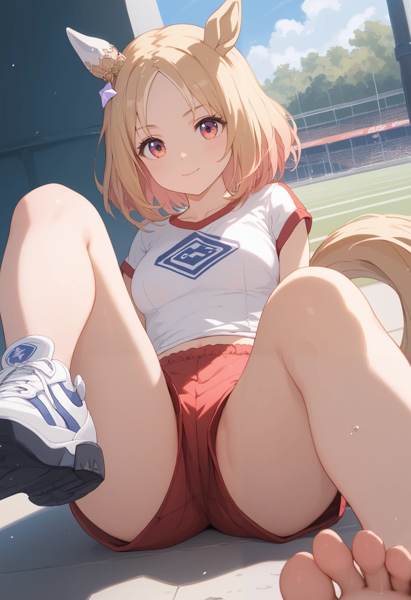 narita, horse tail, short hair, animal ears, ear ornament, ear covers, single ear cover, 1 girl, solo, anime style,on the ground,BEST QUALITY, super detailed, anime style,8k, high resolution, detailed images,Highest quality,best quality,(medium chest),(( white gym clothes )),(( red bloomer)),(( Sitting on the ground with her legs open ))),(gently on your chest),Dyed slightly red on the cheeks,(( on the lawn )),(morning),(Sunshine pours down),((smooth thighs)),(Up image of the upper body above the thigh),Picture from the thigh,character up image, image from the front ,(Upgraded image from the front),((An upshot from the thigh)),((Image looking into the upper body from under the feet)),(upshot from below),looking here