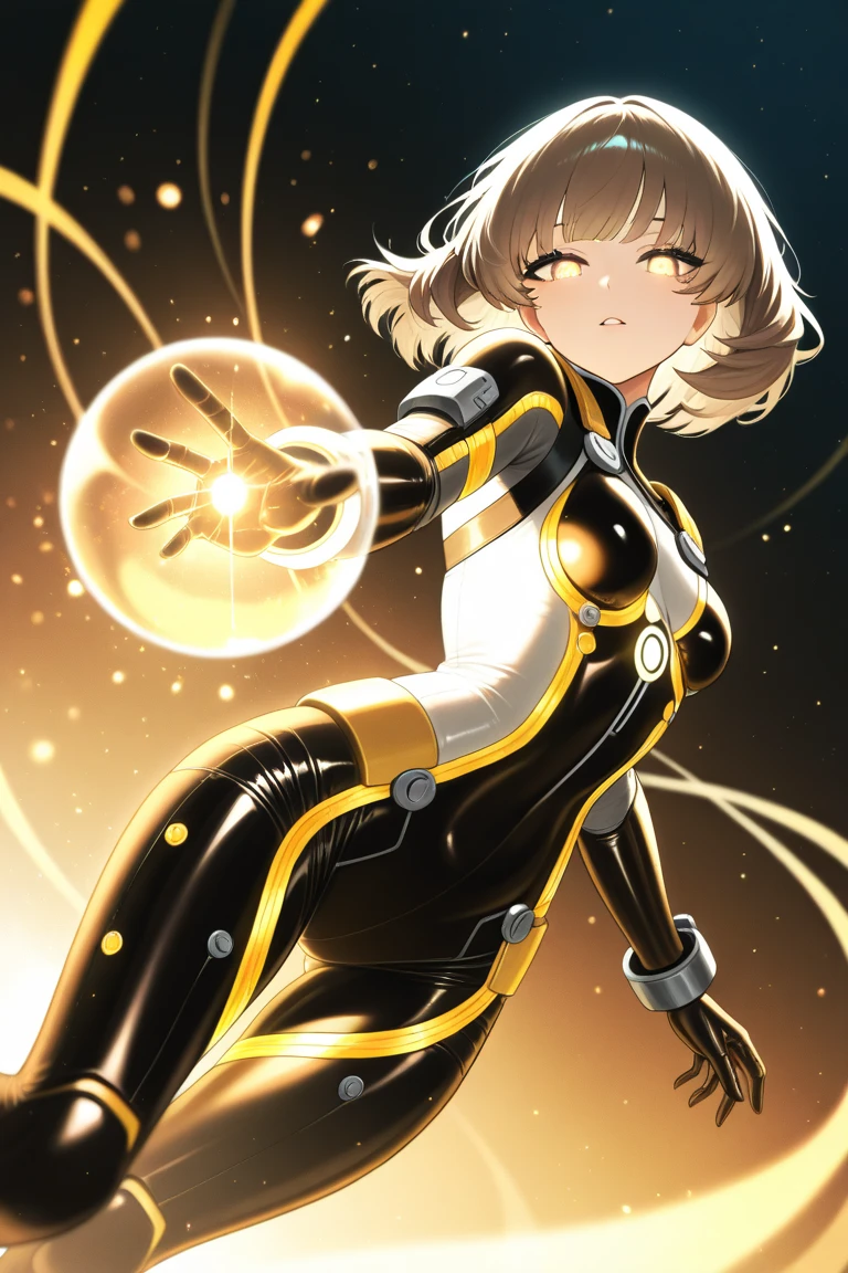 32k、masterpiece、High resolution、((1 female))、short hair、Hair fluttering、Very large breasts、((Very shiny golden latex suit、Sparkling、Close to the body、Beautiful body lines))、Smiling Kindly、Very close、Floating in space