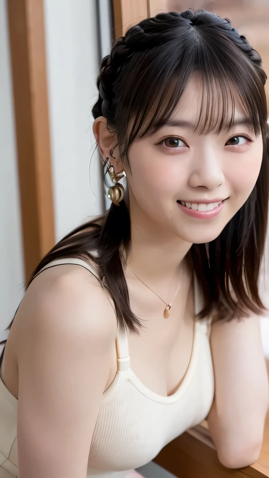 (Highest quality、High resolution、8k、masterpiece:1.55、Film Grain)、((Full body photography:1.0))、Japanese women、A woman with a cute upward gaze、Tank top with loose chest、Full body photography:1.33、Stylish clothes that show off your body lines and look great on Instagram、No underwear:1.88、Light brown hair、cute、Lens flare、((Nice style))、Highly detailed photos、Very beautiful and ideal、Super no makeup、(8k、RAW Photos、Highest quality、masterpiece:1.2)、(Realistic)、1 girl、((Looking into the camera:1.4))、Hair blowing in the wind