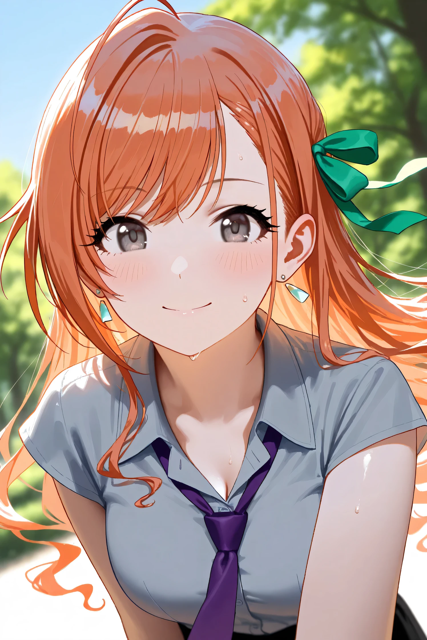 (Masterpiece), (Highest quality), (Very detailed),
(The best shape), (Best Shadow), (Absurd),
(Detailed background), (So beautiful), Shiny ,
Extraordinary, Countershading, 8k, 32K, High resolution, Beautiful eyes in every detail,
Very Detailed CG, UHD,
Score_9, Score_8_up, Score_7_up, Source_anime,
(Pastel painting:1.2), (Watercolor painting:1.2),
(Masterpiece, Detailed:1.2), (Foreshortening:1.2),
Cinematic, Dramatic, (Depth of field:1.4),
(Blurry background:1.4), (Realistic background:1.4),
(Foreshortening:1.3),Dynamic angle, Dynamic pose,
Outdoor, Summer, Nature, Park, Wind, blue sky,
Arisugawa Natsuha,
the idolmaster shiny colors,
natsuhaarisugawa, 1girl, solo, orange hair, long hair, ahoge, swept bangs, black eyes, busty, hair ribbon,
green ribbon,
(casual wear:1.3),
formal shirt, gray shirt, (Short-sleeved shirt:1.1),
tie, purple tie,
Wear a scrunchie on her left wrist, purple scrunchie,
(Portrait:1.2), Upper body, (Focus on face:1.3),
(Close up shot:1.3),
(Blush:1.3), sweat, smile, happy,
Realistic skin, Shiny skin,
feet out of frame,