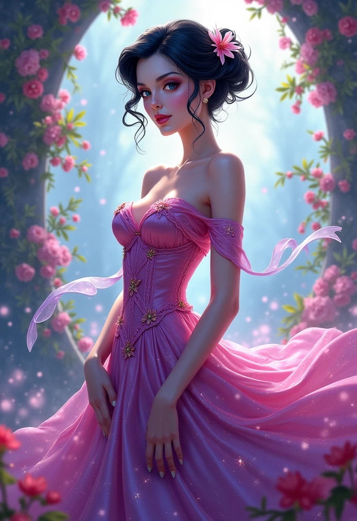 (highres, realistic:1.37), beautiful detailed eyes, beautiful detailed lips, longeyelashes, curvy figure, confident smile, elegant pose, vibrant colors, regency era, bokeh, oil painting style, soft lighting, romantic setting, blooming flowers, flowing dress, graceful movement, delicate features, alluring gaze,