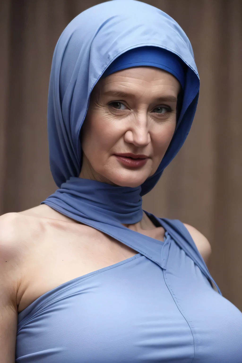 Strapless Jumbo (Fatty), adorable, (1 girl), (face to face), , baby face, happy, half body portrait, (face details: 1), (eye details: 1), ((big breasts Solid:1.44)). wearing translucent (transparent) transparency (soft short t-shirt cropped) , hijab, .. Cute posed. proportional body. Ultra High Res. realistic: 1.4, UHD, view from side seductive pose, (CUTE SMALL GIRLS:1.3), (Laura Dern:1.3), (blue lipstick:1.15)