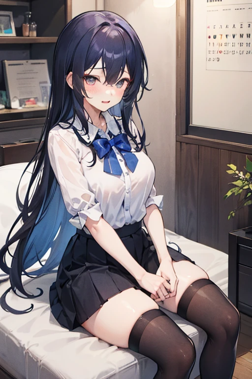 8K,best qualtiy、ultra-detailliert、masterpiece、realisitic、写真realisitic、(one beautiful women、long hair、Bangs Patsun),(((Bra on top、Underneath is a high school skirt))),((((Pull up the skirt with both hands、Showing the crotch of panties))))、((red blush、watching at viewers))、(Half body shot)、(inside in room)、((Angle from directly below、Focus on the crotch、Background blur))、((small tits、Very skinny body、very thin thighs、very slender legs))、