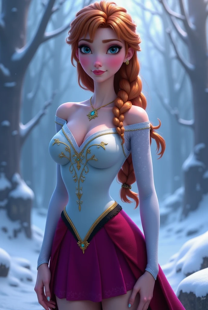 woman, ((masterpiece, best quality)), detailed skin, muito detalhado, cinematic lighting, ultra realist, Blush, Viewers look at, Anna, Anna from Frozen, princess, Disney-Film, Brown hair, Long hair, portrait, outside, snow, Decollete, largee Brüste, wide hips, Full body view, large,
Rock, mini skirt, microRock, pleated Rock, Shanks,