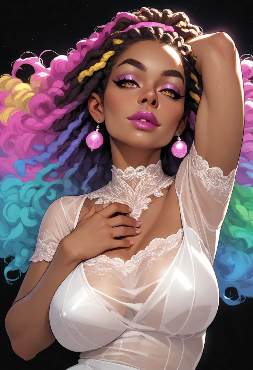 (((ebony girl))), (dark skin:1.25), long rainbow hair in background, rapunzel cosplay, rainbow hair with ponytail, jade eyes, see-through bikini