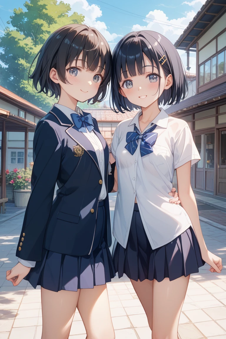 black hair、short bob、Straight、、First year of middle school、no earring 、No barrettes、Japanese woman、Eye color: black、small breasts、 small 、full、I'm off my chest、friend、Line up next to each other、Walking、横にfriend、friendはblack hairロング太っている子、Home from School、friendは可愛くない、school building