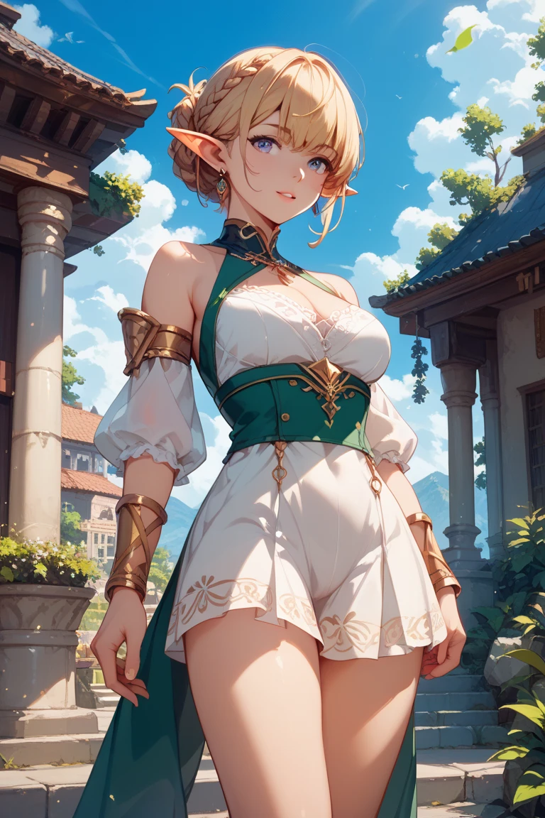 (high quality, ArtStation, Relax Art, fantasy style, abstract architecture:1.2), (A beautiful cute girl), (long messy ginger hair), (white kimono, navel, bare shoulders)