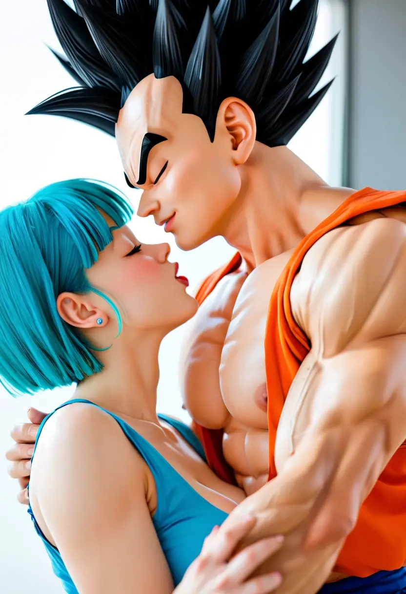 ((((Son Goku and Bulma hugging tightly each other, Dragon Ball)))), Dragon Ball world background, bikini briefs and string bikini, smile, (((a nude bodybuilder and a nude female bodybuilder))), a handsome guy and a cute girl, expression of love, (((very muscular body, vascularity, veins))), upper-body portrait, upper-body Image, real man and woman, barefeet, barefoot, (abnormally developed muscles), (((color Image))), masterpiece, best quality, high resolution