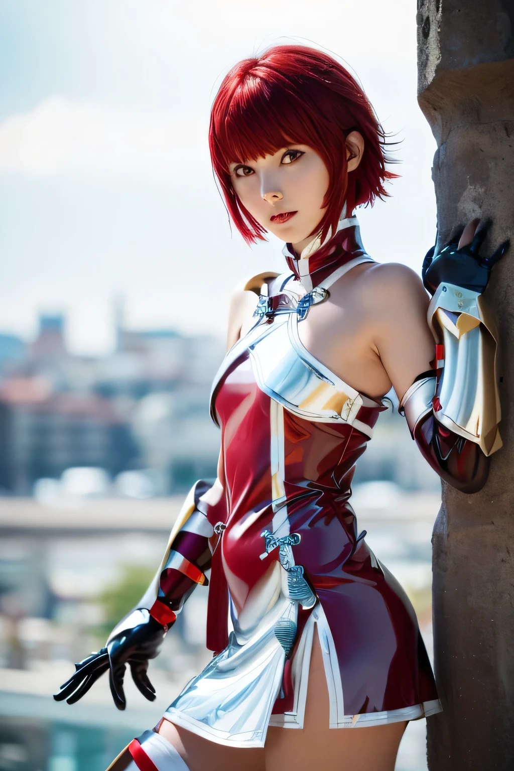 perfect anatomy Highest quality,highest resolution from vagina,(((Shiny Red and White Latex Mini Dress Shiny Red Hair Shiny Shoulder Shiny Gauntlets short hair red eyes shiny skin Shiny Knee Length Boots flat chest Knight))) Hinoka girl