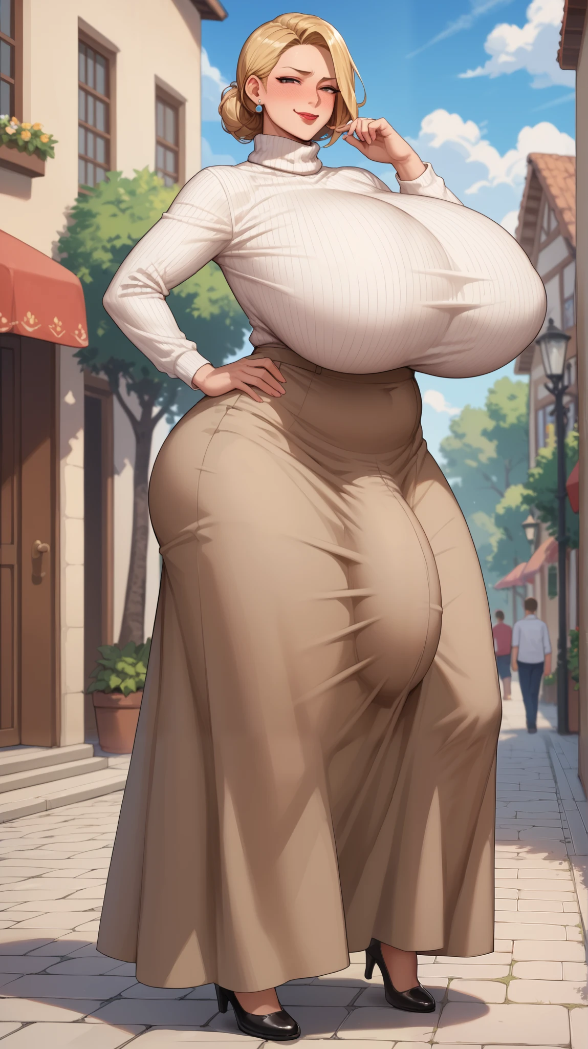 By bebebebebe, by lostgoose, by goonie-san, solo, muscular, feline, ((hairless cat, brown skin, sphynx cat)), smirking, hands behind head, ((blonde hair)), (snout), big breasts, curvy, thicc, overweight, milf, chubby, standing, wrinkly, italian city, massive, size of a building, ((she is a 20 foot tall woman)), detailed eyes, (((versace))), cleavage, sweater, pants