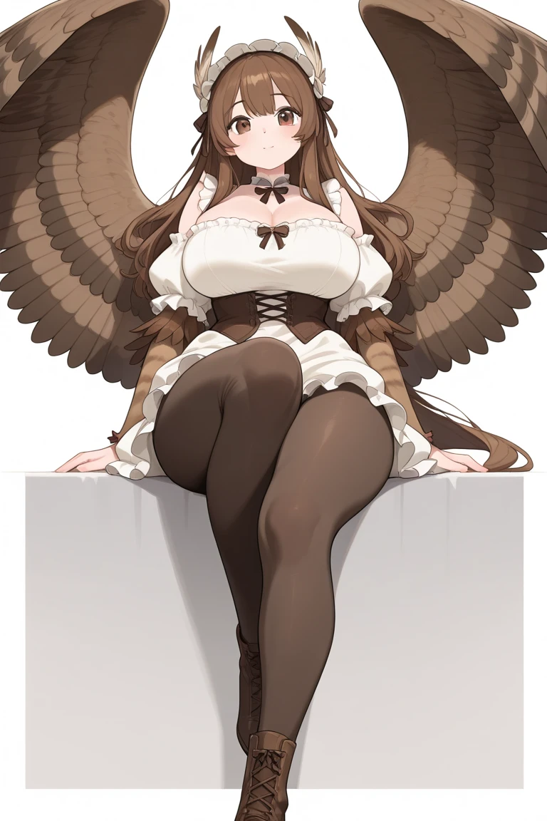 <lora:harpy-1_harpy-2--harpy-3_harpy-4:1.0>,
(harpy:1.0), (bird wings, bird legs:1.0), claws, bird tail,
1girl, blue eyes, blush, breasts, brown hair, cleavage, fundoshi, glasses, hair intakes, hair ribbon, japanese clothes, long hair, looking at viewer, medium breasts, midriff, navel, no bra, no pants, open mouth, ribbon, solo