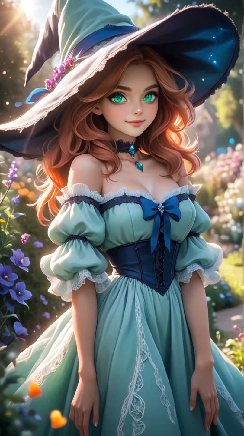 Beautiful, cute, 23 year old European woman, arafed, young amouranth, red hair, long hair, curly hair, flower in hair, perfect face, freckle spotted face, sharp features, thousands of freckles, smiling, laughing, happy, blue eyes, perfect eyes, symmetrical eyes, cleavage, perfect breasts, skinny, dark blue victorian dress long sleeves, 1 colonial brick house in the background, outside, rural, forest, cinematic lighting, (high quality), (detailed), (8k ultra hd), 1 person