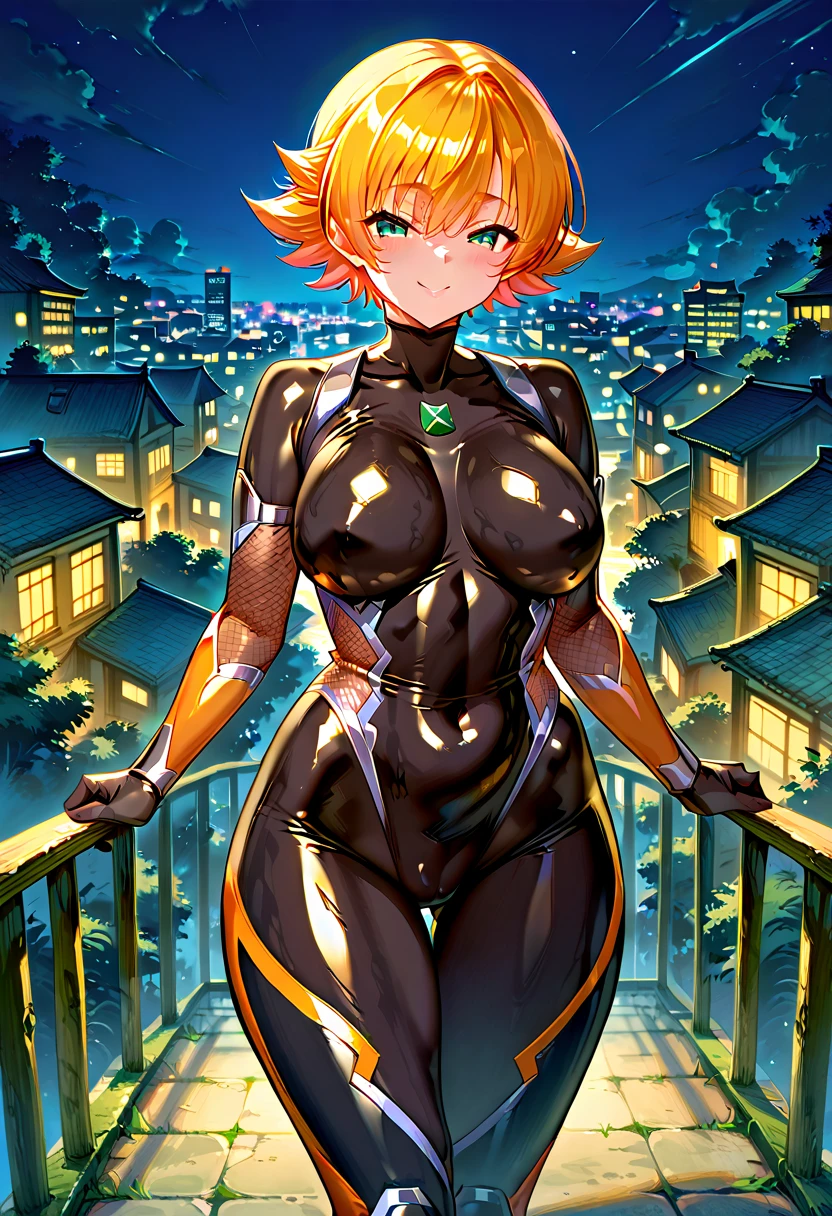 1girls,solo,super detailed skin,shiny skin,wet oily skin,expressionless,angelic smile, detailed eyes,half open eyes,eyelashes,lips gloss,(rainbow colored hair:1.3),straight hair,ponytail,hime cut,,large breasts,beautiful shaped breasts,full body suit,ninja style,night tower ,model pose,masterpiece,best quality,ultra detailed,high resolution,sharp focus,depth of field