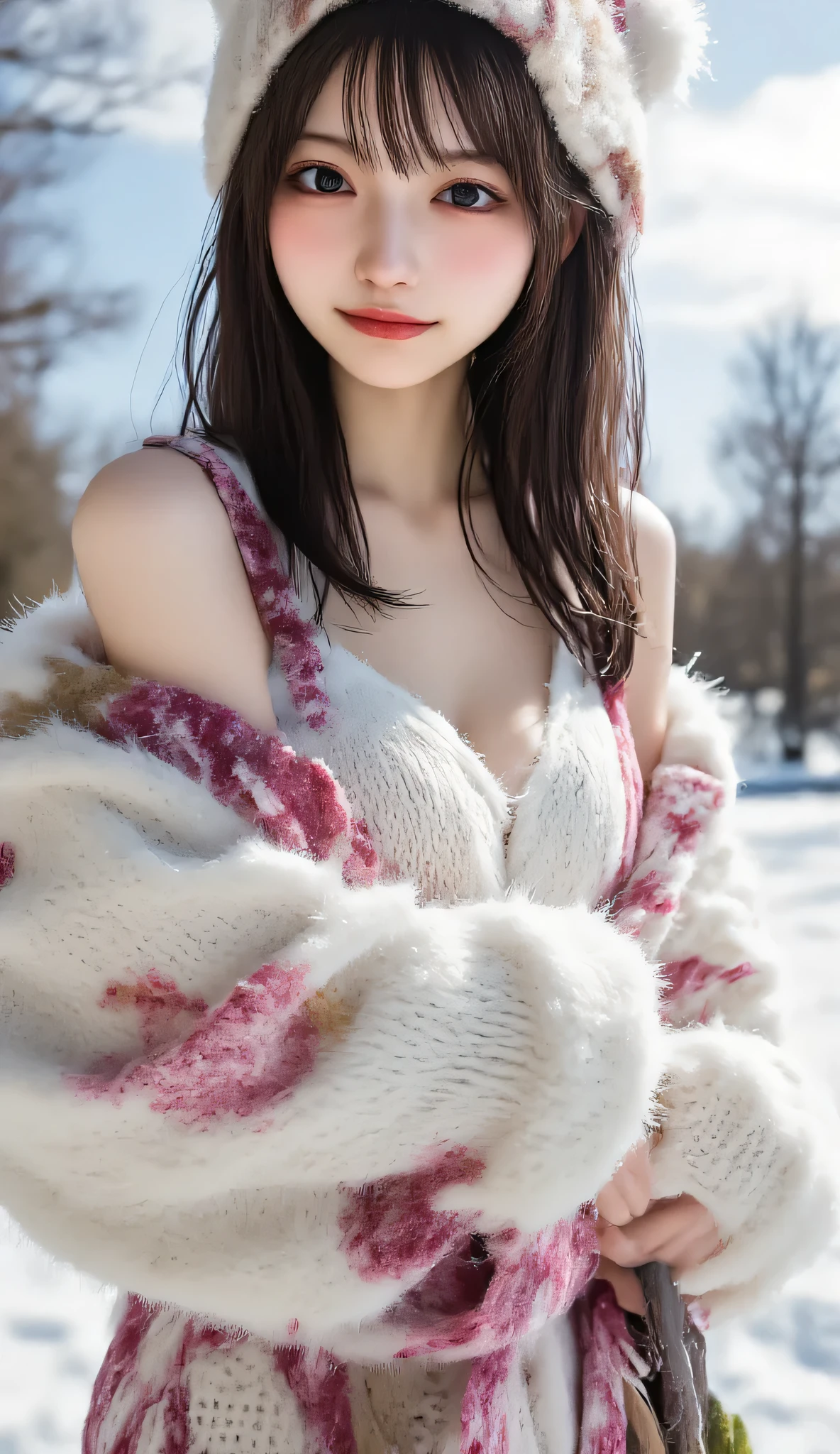 1 woman、high resolution, masterpiece, is anatomically correct, 最high quality of wavy lines, high detail, high quality of wavy lines, Ultra Fine, textured skin, Hair, smiles, portrait photography, Aperture F2.8,Ski resort、 Snow Mountain 、Snowboarder、Ski wear holding a snowboard with both arms、with a lift on the back、knitted cap with hidden face、Ski goggles on the head、Japanese woman、20th Generation