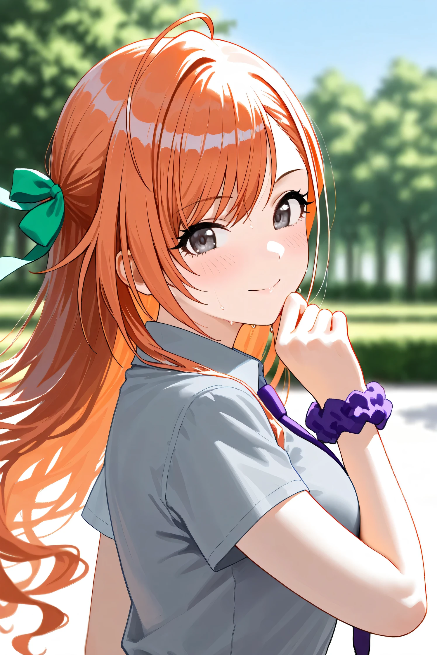 (Masterpiece), (Highest quality), (Very detailed),
(The best shape), (Best Shadow), (Absurd),
(Detailed background), (So beautiful), Shiny ,
Extraordinary, Countershading, 8k, 32K, High resolution, Beautiful eyes in every detail,
Very Detailed CG, UHD,
Score_9, Score_8_up, Score_7_up, Source_anime,
(Pastel painting:1.2), (Watercolor painting:1.2),
(Masterpiece, Detailed:1.2), (Foreshortening:1.2),
Cinematic, Dramatic, (Depth of field:1.4),
(Blurry background:1.4), (Realistic background:1.4),
(Foreshortening:1.3),Dynamic angle, Dynamic pose,
Outdoor, Summer, Nature, Park, Wind, blue sky,
Arisugawa Natsuha,
the idolmaster shiny colors,
natsuhaarisugawa, 1girl, solo, orange hair, long hair, ahoge, swept bangs, black eyes, busty, hair ribbon,
green ribbon,
(casual wear:1.3),
formal shirt, gray shirt, (Short-sleeved shirt:1.1),
tie, purple tie,
Wear a scrunchie on her left wrist, purple scrunchie,
(Portrait:1.2), Upper body, (Focus on face:1.3),
(Close up shot:1.3),
(Blush:1.3), sweat, smile, happy, looking back,
Realistic skin, Shiny skin,
feet out of frame,