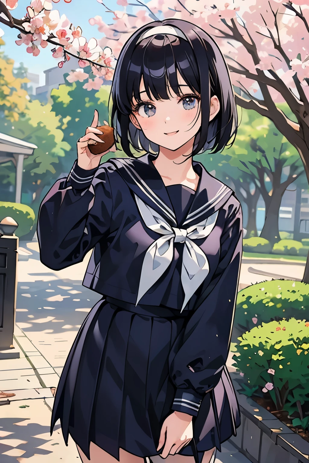 sailor suit, sailor suit, one woman, (beautiful woman, Delicate high school girl:1.3), 8k, Highest quality, masterpiece, very well detailed, super high resolution , realistic, RAW photo, absolute resolution, black hair, bob cut, small face compared to body under a tree with cherry blossoms, very small face, black hair, ((Navy blue sailor suit)), Navy Blue Skirt , High school girl in sailor suit, animated 2D rendering, realistic若いアニメの女子高生, , (White Headbands:1.4), small breasts, is tall, Slanted Eyes , purple eye, Black Stockings, garter belt, toothless smile, private room , (Please hold the muffin in your right hand:1.4), (Top to bottom position:1.2), open your mouth , smile, upper body, watching viewers, blurry background,