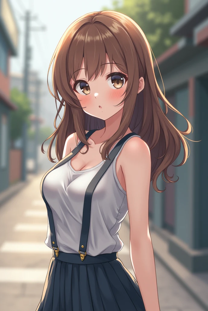(masterpiece, best quality), 1girl, solo, face, parted lips, looking at viewer, light blush, light smile, pendant, ear piercing, long eyelashes, blonde hair, long wavy hair, high ponytail, asymmetrical bangs, light brown eyes, light freckles, pale skin, outdoors, park, sunlight, pink scrunchie, strapless dress, small perky breasts, sexually suggestive, haruhi suzumiya.