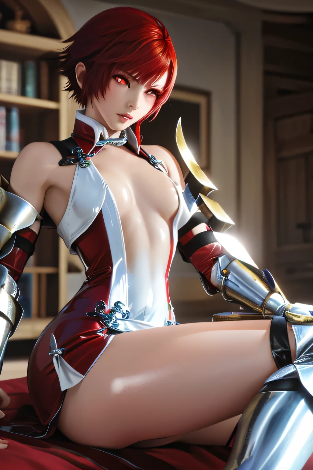 (1 Sexy anime girl),(genshin impact),(Amber),(red hair),(amber eyes),(clothing: Red and white jacket with gold details),(white shorts), (high boots and gloves), (medium breasts).