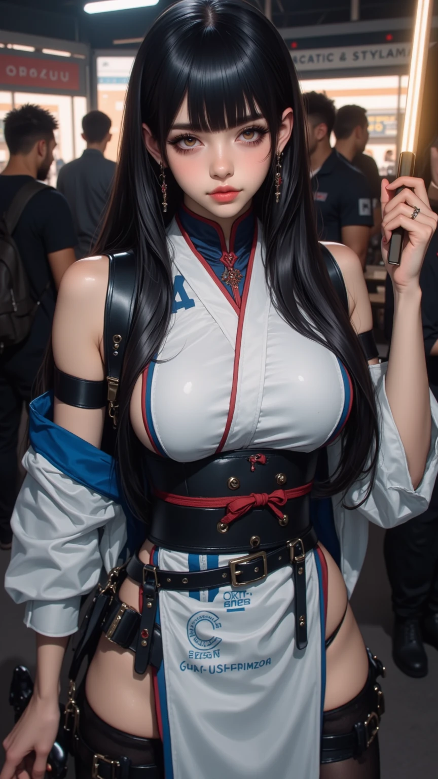 realistic, 1 women, best quality, 12k, HD, long hair, big round breasts, cleavage, ponytail, necklace, jewelry, shorts, short jacket, slim hips, hair tie, yellow eyes, black hair, super detailed, Eye details, hair details, person details, mouth details, face details, breast details, clothes details, hair details, pants details, hand details, whole body