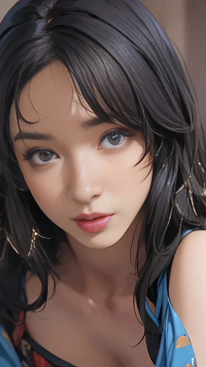 ((sad expression, parted lips, Viewers, golden eyes , makeup, lipstick, Dark Skin, plump lips with a face and hairstyle)), (A woman in a leopard print bikini;1.5), 1 girl, smile, ((Firm and well-shaped small breasts;1.5)), worm's eye view, Domini Tox, long hair, black hair. blue eyes, mature female dark skin _スタイル Dark Skin, tan skin , masterpiece, 8k resolution, 暗い fantasy concept art, dynamic lighting, Hyperdetail, Exquisitely detailed, splash screen art, Deep Color, Unreal Engine, volumetric lighting, Complementary Color,