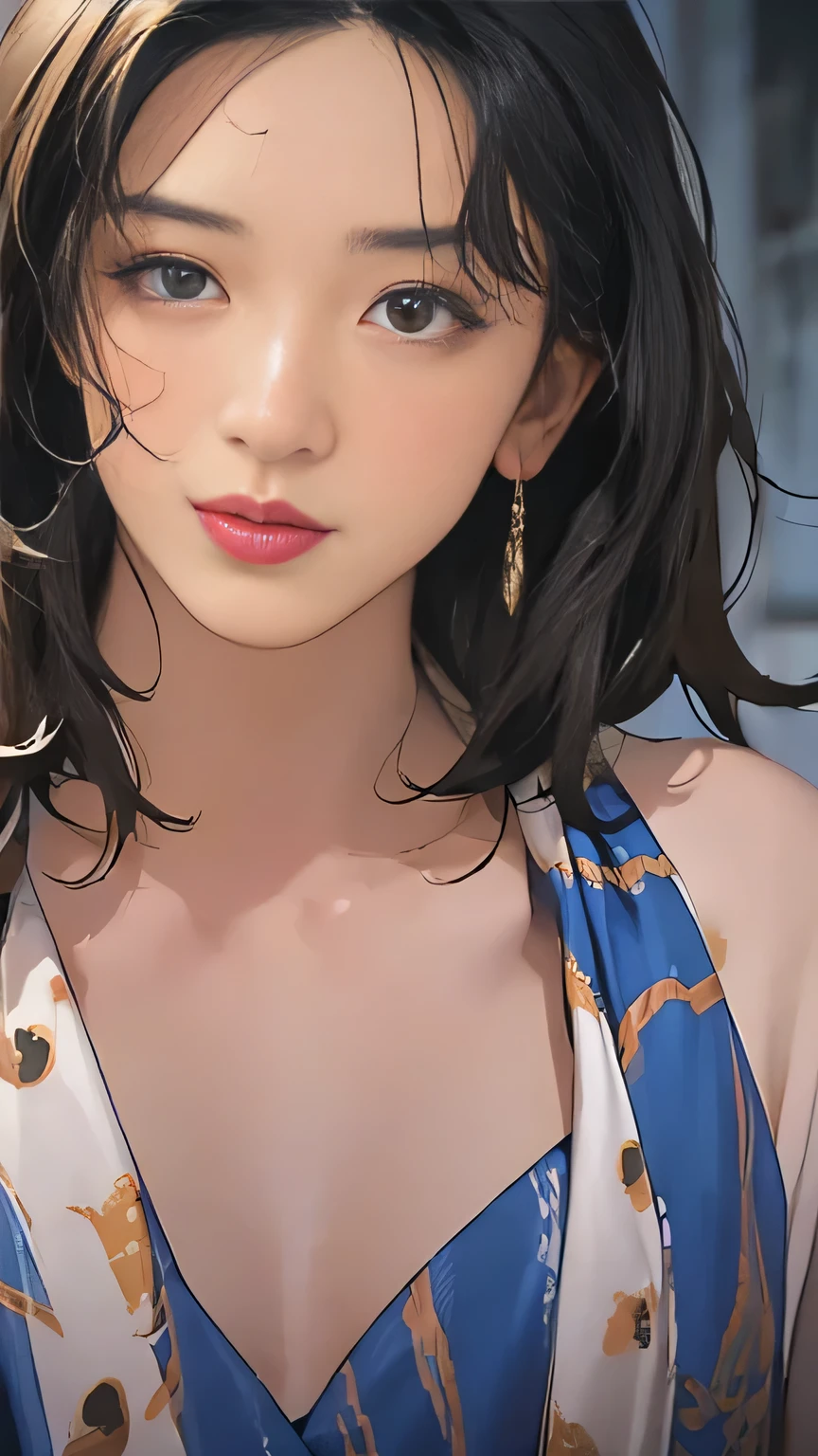 ((sad expression, parted lips, Viewers,  golden eyes , makeup, lipstick, Dark Skin, plump lips with a face and hairstyle)), (A woman in a leopard print bikini;1.5), 1 girl, smile, ((Firm and well-shaped small breasts;1.5)), worm's eye view, Domini Tox, long hair, black hair. blue eyes, mature female dark skin _スタイル Dark Skin, tan skin , masterpiece, 8k resolution, 暗い fantasy concept art, dynamic lighting,  Hyperdetail, Exquisitely detailed,  splash screen art,  Deep Color, Unreal Engine, volumetric lighting, Complementary Color, 