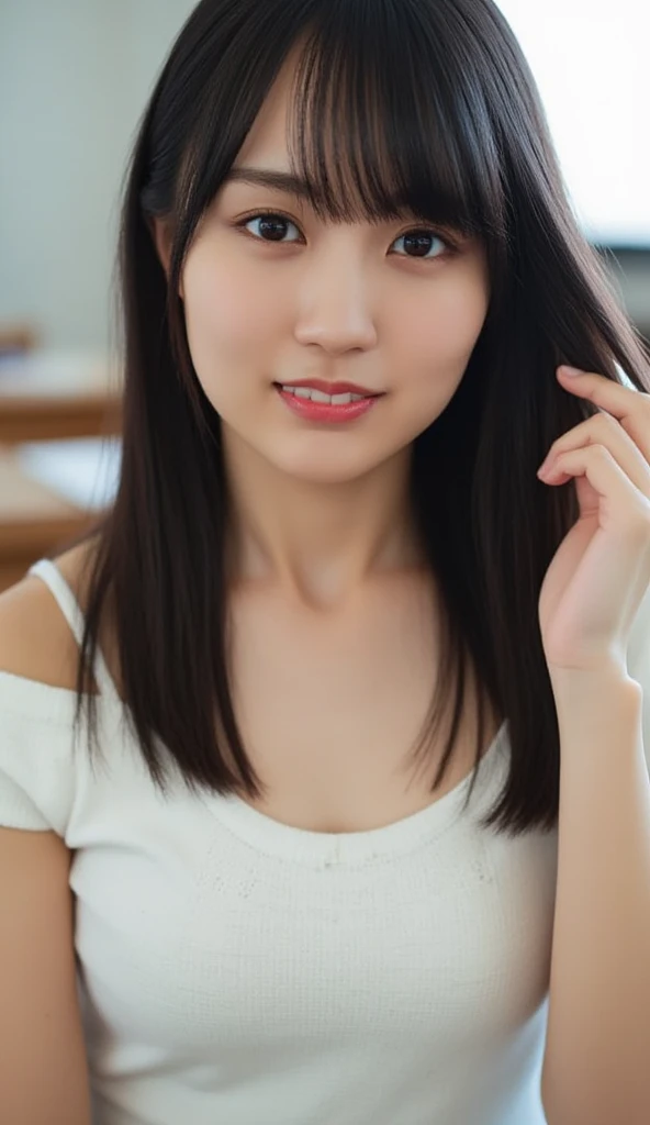 (Masterpiece, Highest quality:1.2), 8K, beautiful girl, 85mm,OFFICIAL AR RAW PHOTO, young face、big breasts、Show me your ears...、photography, Cute face, thigh, classroom after school, looking at the audience, Embarrassing、smile、 put on makeup, Film texture, Chromatic aberration, Sharp focus, face light, clear light, ten generations, detailed face, background bokeh、(((((( old high school girl))))))、Thin waist., bare chest, see nipples, totally naked, pork