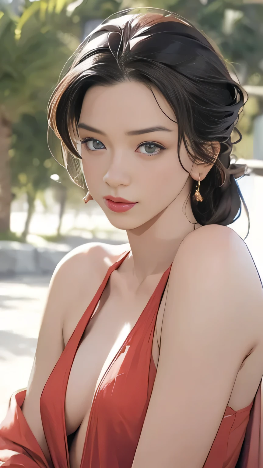 1 beautiful devil woman from hell, In the Dark: 1.6), surreal female portrait by David Hockney and Alphonse Mucha, realistic art, Chinese super cute doll, cute little face,photorealism, dynamic lighting, artstation, volumetric lighting, very detailed faces, round chin, 8k ultra, Awarded, in the dark, deep shadow, low key, cowboy lens, (Red phoenix dress: 1.4), long hair, black hair, bust, luxurious palace, Royal style, devil crown, red eyes make up very sharp and detailed, The most beautiful face, The breasts are very big and round and round, Super realistic, chinese women's clothing, polo neck sweater, Charming smile, The eyes are very well made up, eye bags under wet makeup, guweiz, devil style, wearing black mesh socks, Ponytail with a bow tied at the back of the hair, red lipstick, wearing a thin red and black robe, Hands pull the straps to reveal sexy breasts, the landscape is overcast and thunderous, (upper body portrait), Close-up of the main character, (Background details 1.8),HDR, UHD, 8kquality, detailed pixel,