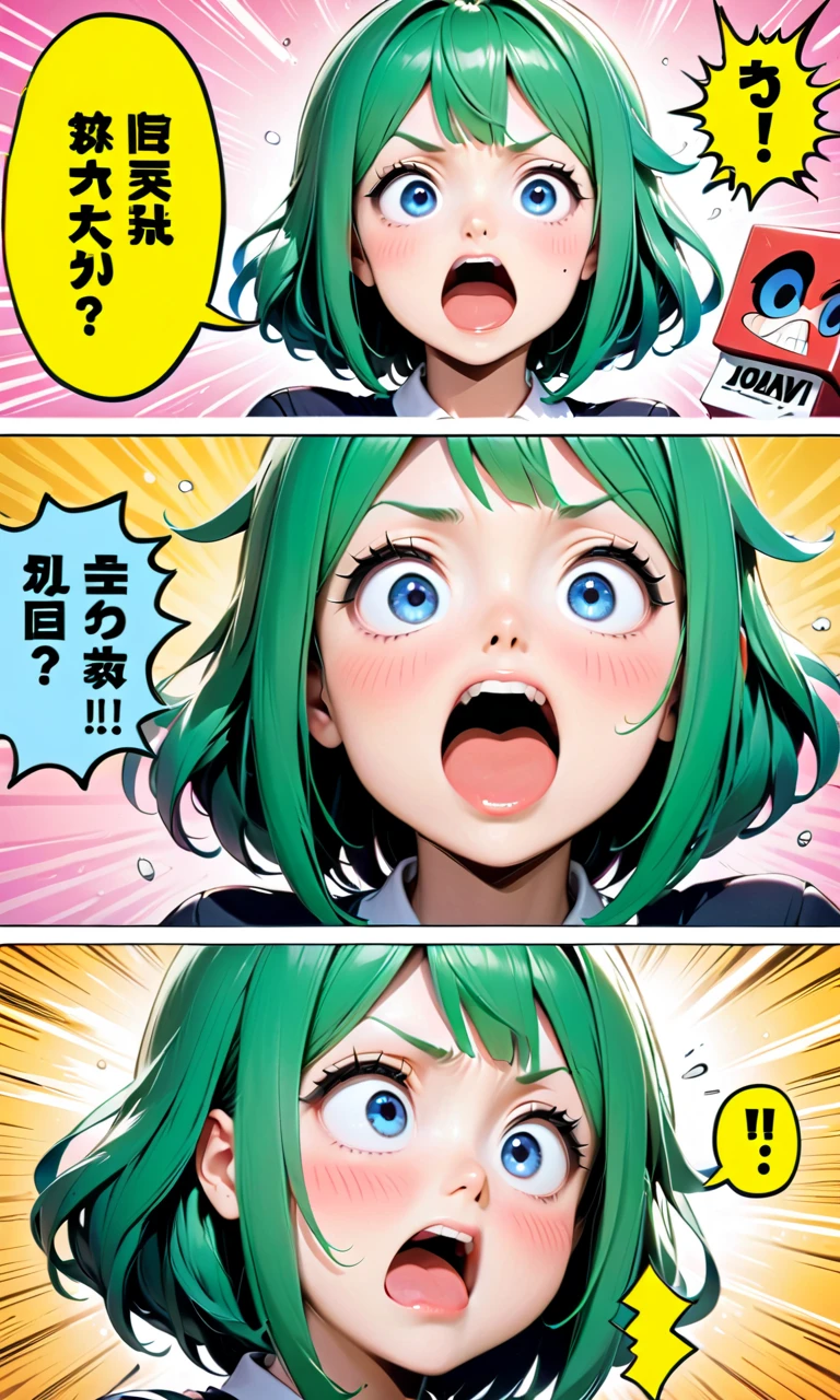 Green hair、1girl in ( Screaming),Reaching the climax:1.0,Close eyes, short-cut、masutepiece、Bottoms are randomly generated、（ Skeleton illustration printed shirt ）、Background bokeh:1.5