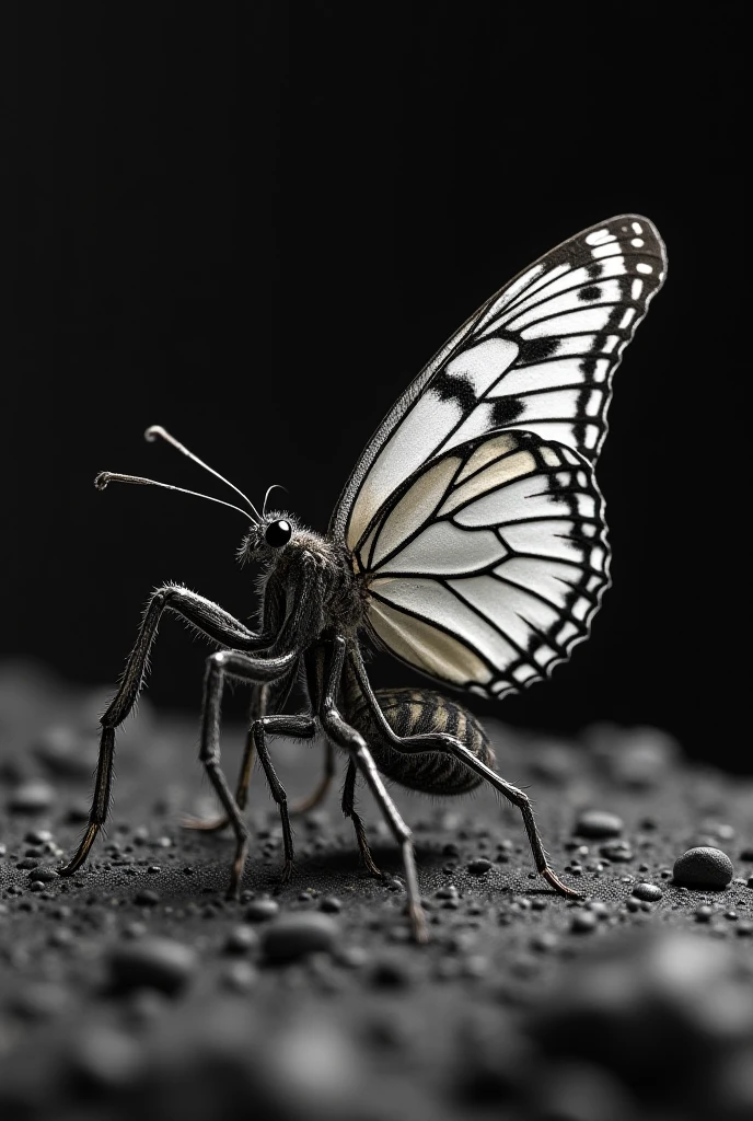 Little spider splitting a large butterfly in half black and white