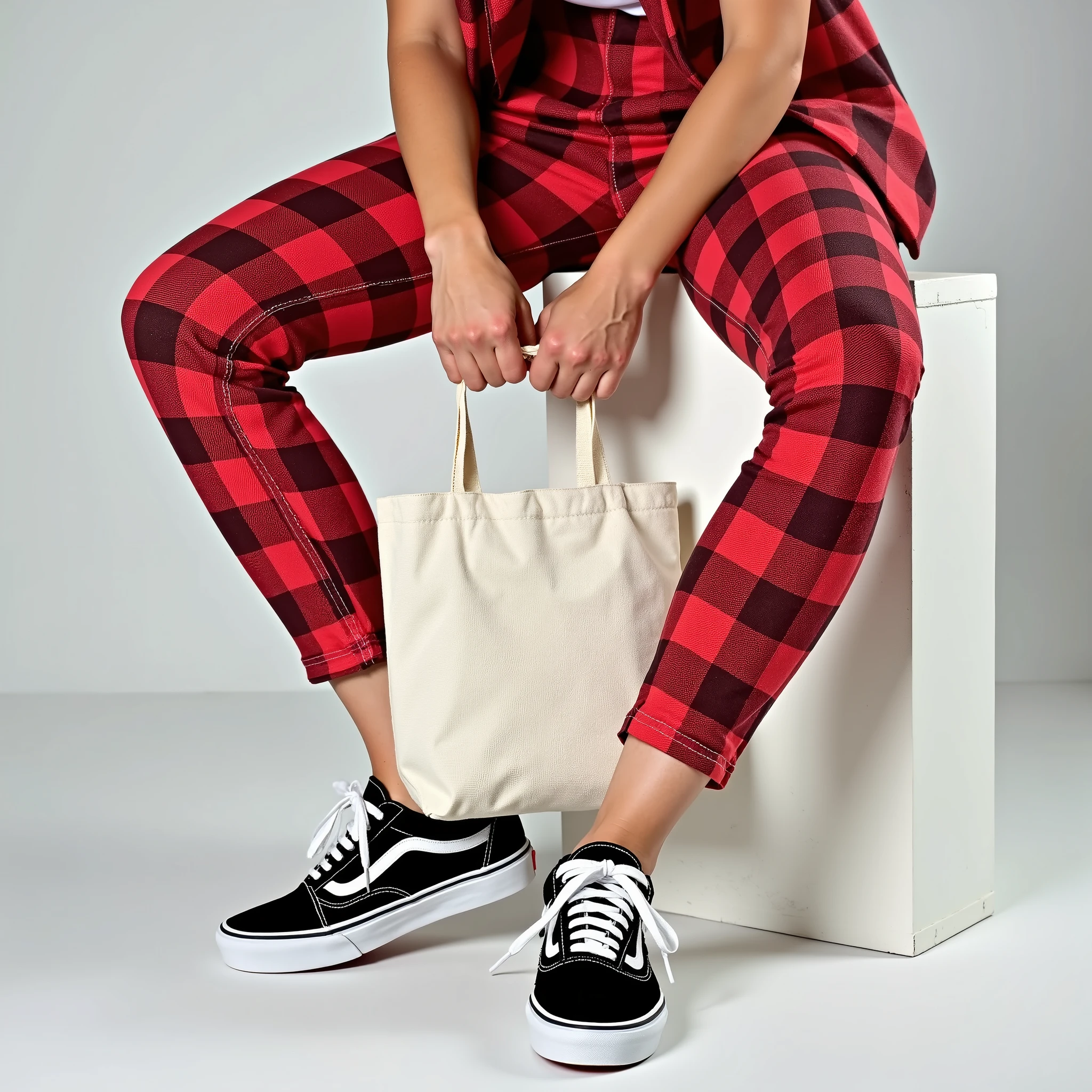 (((Close-up - low angle))) of a trunk of a young, thin woman seated in front of a low white block, wearing tight red plaid pants and (((Vans® sneakers))), holding one holding a white cloth bag, holding a raw cloth bag, square bag, Sustainable Materials , flat bag, holding an ecological bag, Realistic photo, advertising photo , advertisement image, photo in perspective