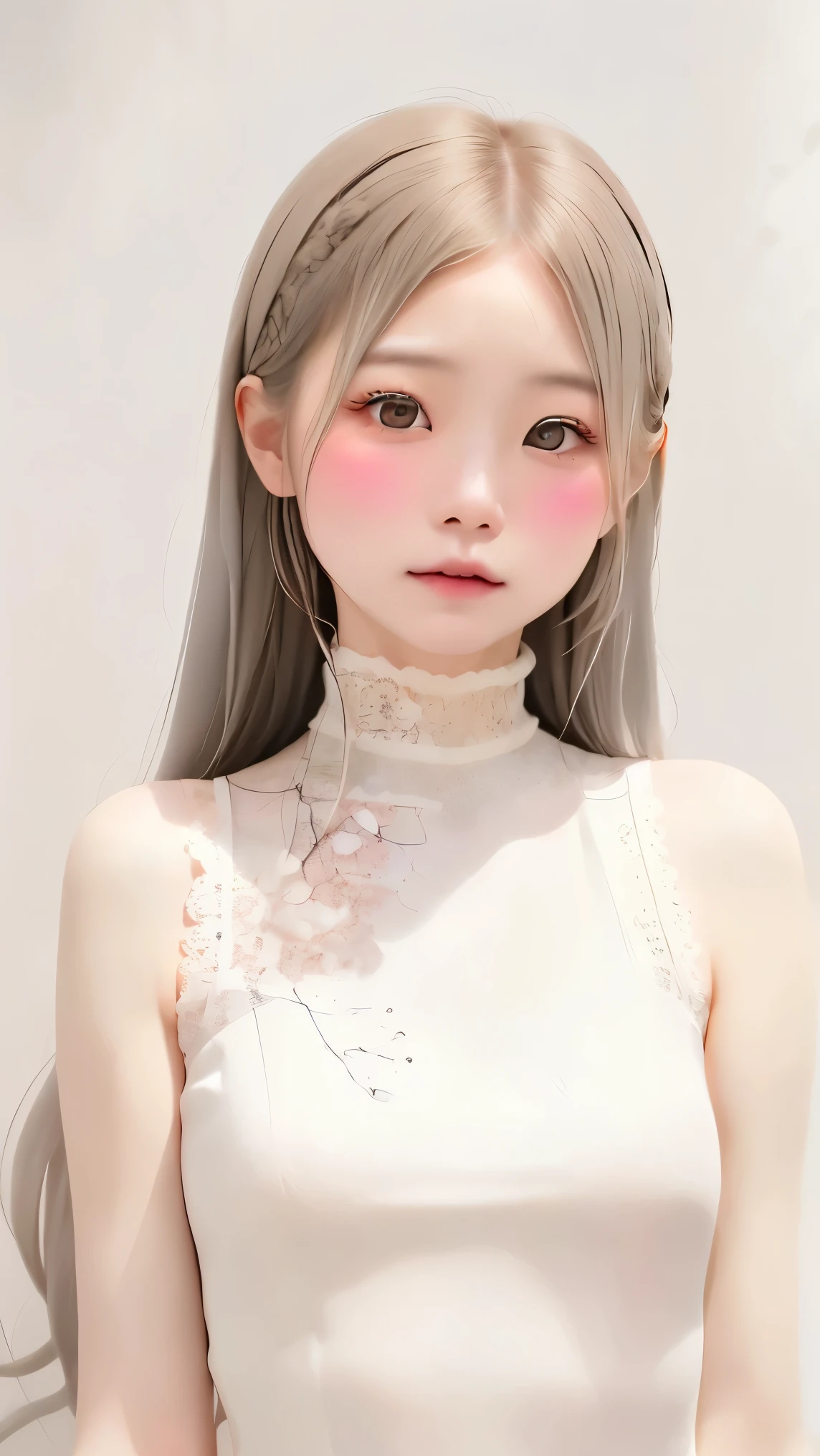 perfect anatomy, japanese girls , alone、one girl、少し短い首:1.7, Albino Skin, Gray Hair, straight long hair , light brown eyes, high neck lace fabric, white clothes, artistic, light pink background pointing down