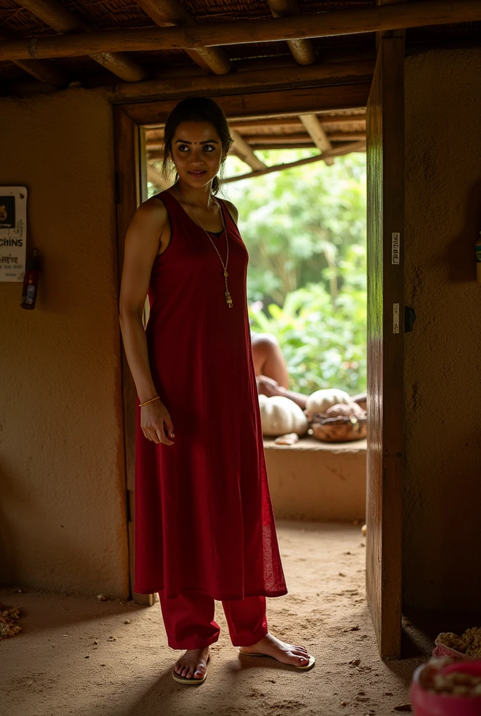 a woman wearing maxi dress, small village, (low key lighting:0.5) <lora:fic-fanny:0.8>