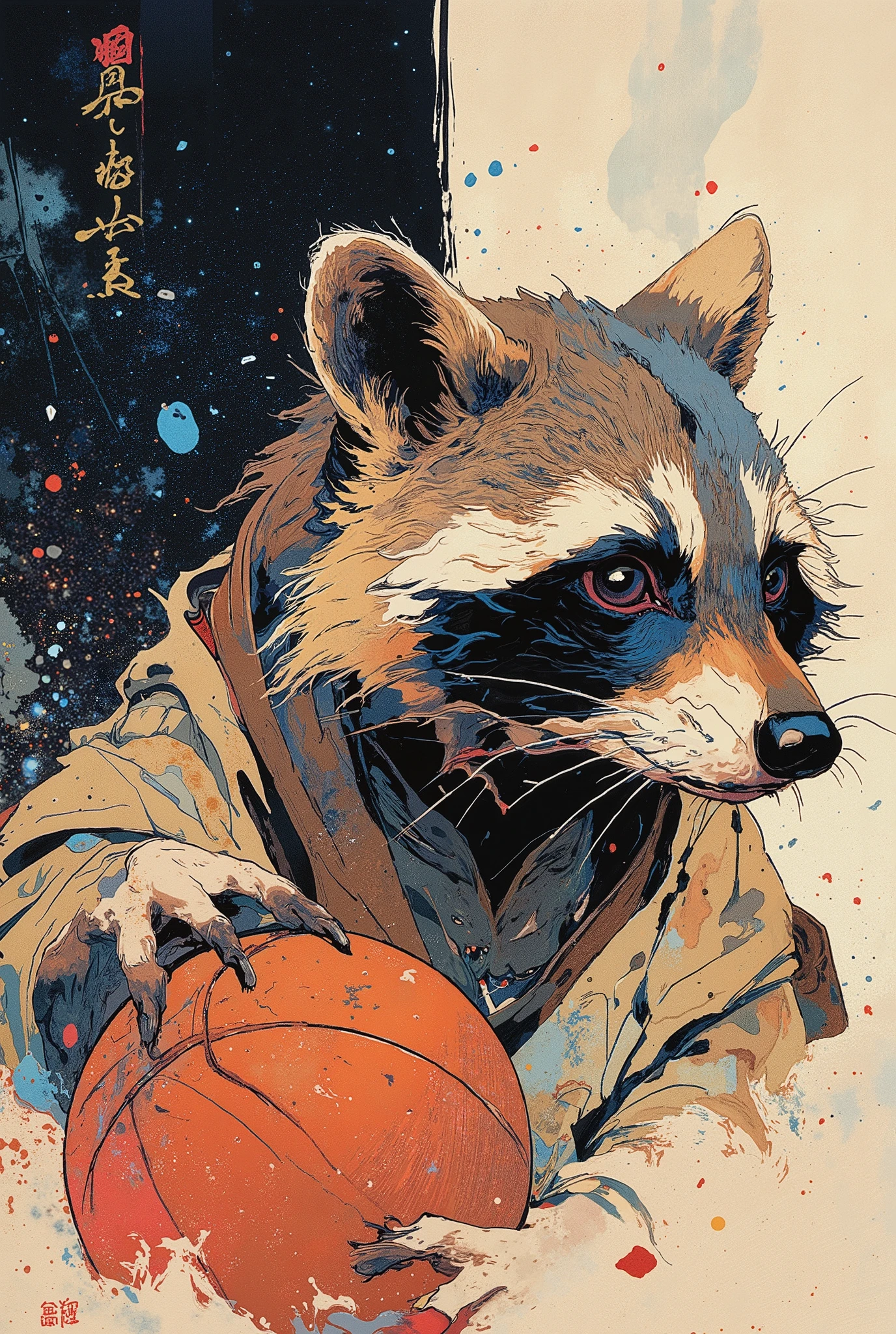 
(((article, "NBA ", Add text"NBA", holographic big font) {x},(best quality)))、(super high image quality)、(Super Detail)、(detailed description)、(Best CG ))、(masterpiece)、ArsMJStyle、(Zen ink wash painting)、raccoon , basketball