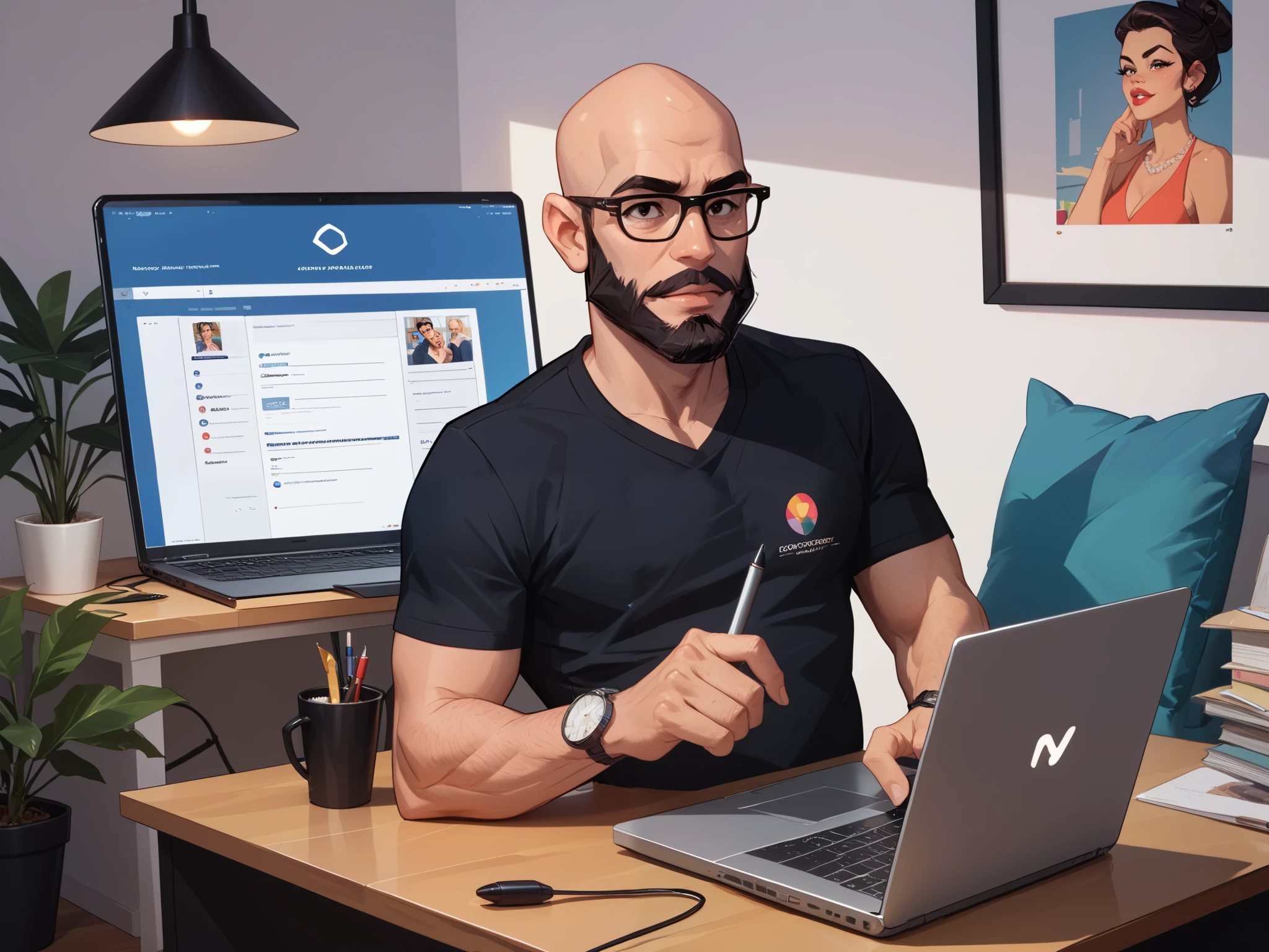 TechNoir-inspired comic book style: bald geek with modern black beard, strategic gaze. Working on a laptop with multiple screens, in high-tech office. Casual-chic clothing style, contrasting colors. Composition highlighting technology leadership, digital interface design elements in the background.