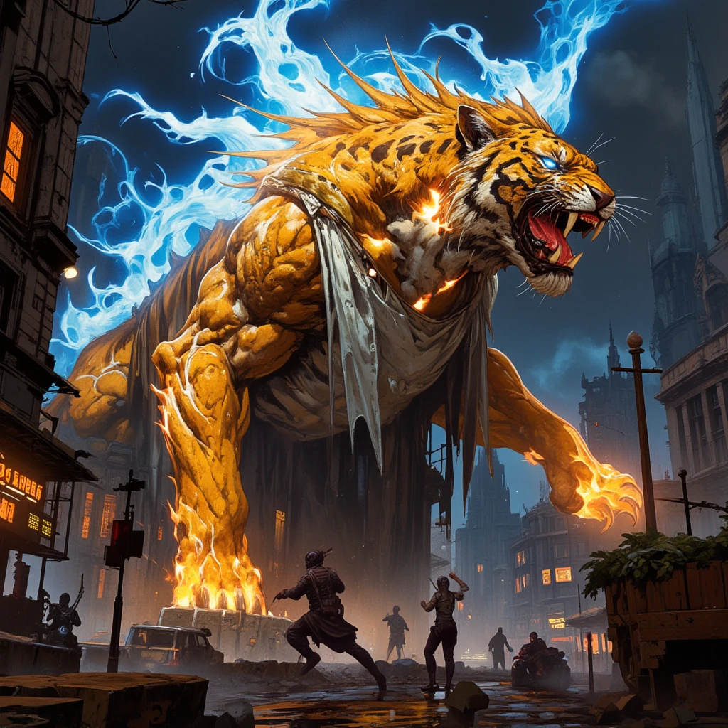 A giant cat like Godzilla is destroying the city。The giant cat is roaring。Smoke is in the background。