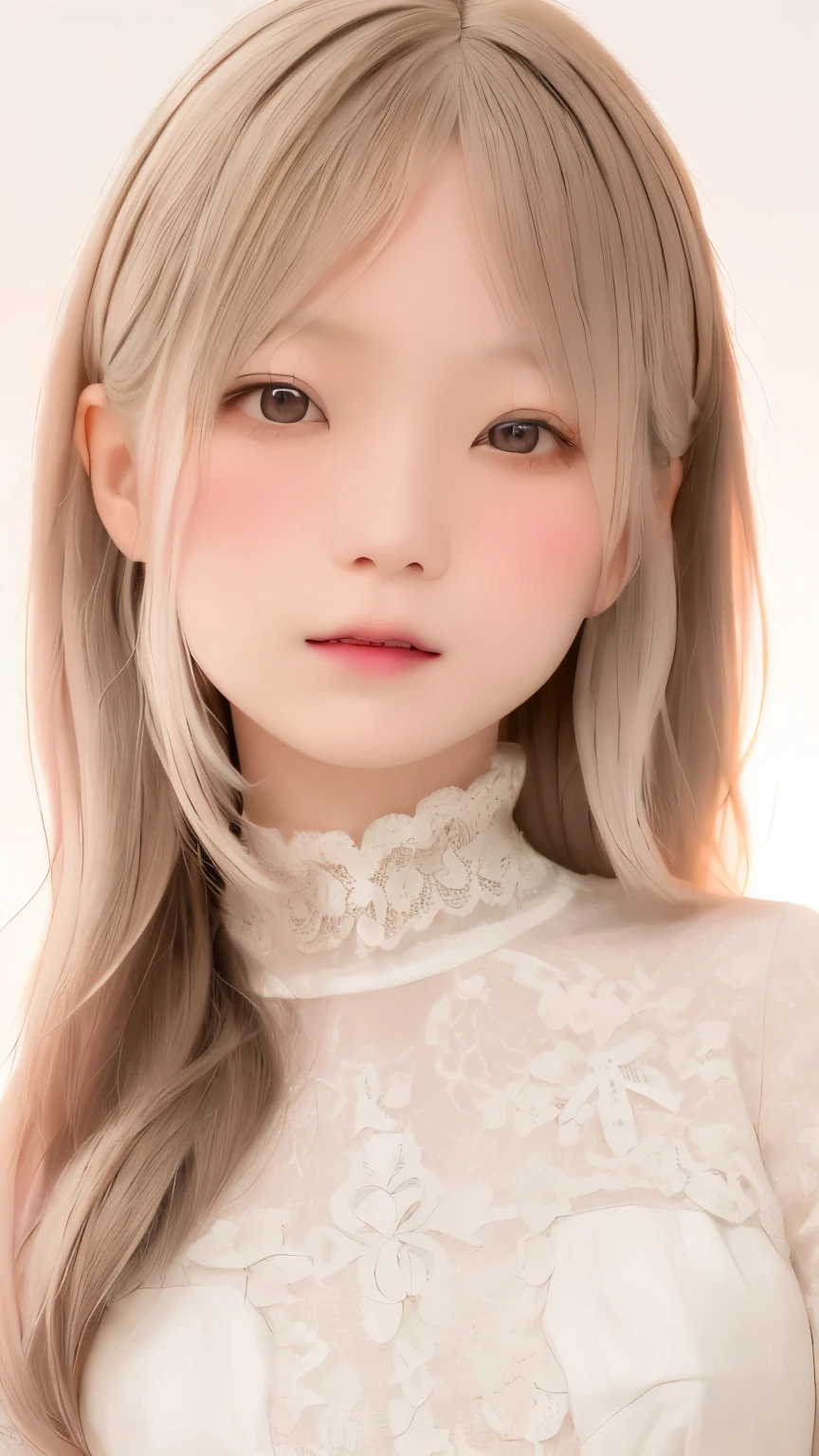 perfect anatomy, japanese girls , alone、one girl、少し短い首:1.7, Albino Skin, Gray Hair, straight long hair , light brown eyes, high neck lace fabric, white clothes, artistic, light pink background pointing down