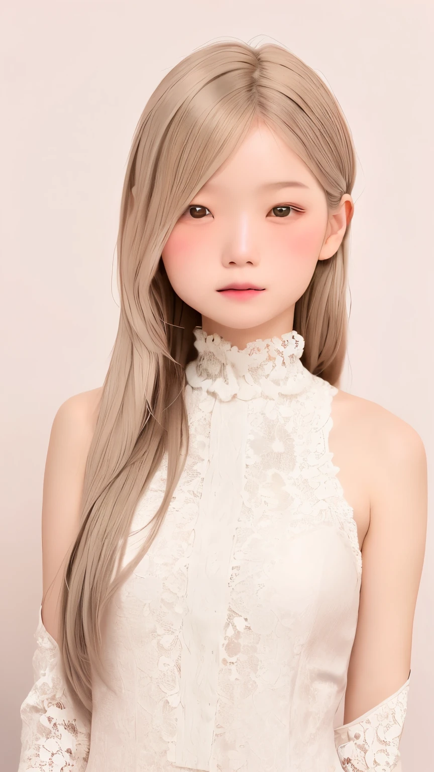 perfect anatomy, japanese girls , alone、one girl、少し短い首:1.7, Albino Skin, Gray Hair, straight long hair , light brown eyes, high neck lace fabric, white clothes, artistic, light pink background pointing down