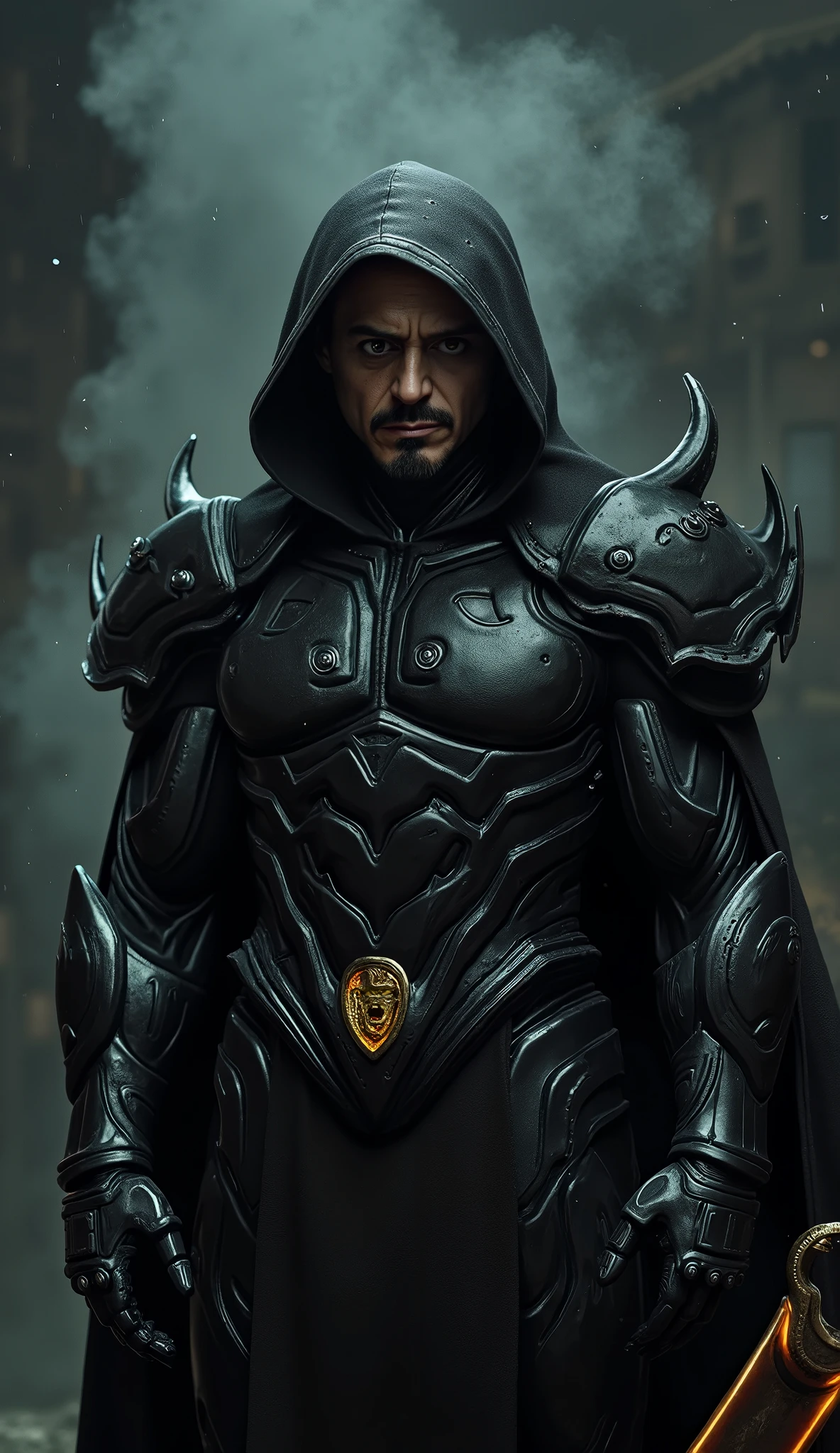 Robert Downey Jr. like Noob Saibot in a hyper-realistic and summarized version: With your black iron mask you only cover your hollow
The scene focuses on the upper body, exibindo Robert Downey Jr. with refined features , but darker. Your face carries a cold and calculating expression, with completely white eyes, no iris or pupils, emanating a threatening air. her skin is pale, almost translucent , with dark veins visible under the surface, highlighting its malignant transformation.
He wears shiny black armor with silver metallic details, covered by a dark cloak that seems to float like smoke around you. The gloved hands hold your iconic kama (foice), whose blade reflects an ominous glow. The dim lighting highlights the contrast between the absolute black of your armor and the ethereal details of your mantle.
No fundo, a dark and hazy environment suggests the kingdom of Outworld, while small particles of smoke swirl around you, reinforcing its ghostly nature.