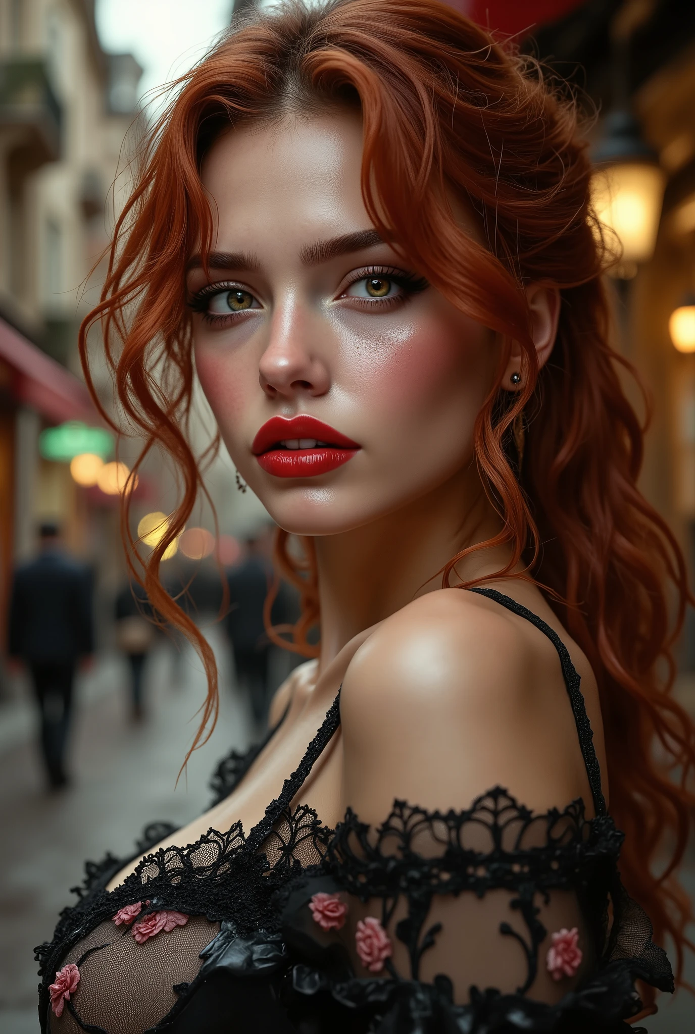  [Style: - "8k, masterpiece, realistic, Photorealistic realism, Hyper high resolution" - "highest quality, intricate ultra-detailed digital art"] (Key Directive: - "The priority is the anatomical accuracy and texture of the materials" - "Ultra-sharp human eyes with biological accuracy") {Character: "a beautiful girl, [Rosé from blackpink((firm and full breasts))]" | Face: "full lips, red lipstick, intense gaze" | Eyes: - "((sharp focus, no blurry eyes, Hyper absurd quality, Hyper details, Hyper realistic brown eyes:1.4))" - "((extra narrow eyebrows))" - "(Carefully draw Long blue_mascara:1.2)" - "(perfect round eyes)" | Hair: "long hair, red hair, curls at the ends of the hair, hair above one eye,((long combed to the side))" | Pose: "elegant pose" Outfit: [Top: "modest {PVC BDSM erotic ta costume}, (see-thru PVC:1.35)" | lace: "((Rose flower))" | (Boots: "Black Long(laced)"] Environment: "street, European Buildings" Lighting: "studio lighting, monochromatic, striking contrast, dramatic shadows" (Rendering engine: "Unreal Engine 5 path tracing, 16K texture maps") | The ultra-Highres,Unreal 5,Subsurface scattering,PBR Texturing,Post-Processing,Anisotropic Filtering,depth of fields,Maximum Sharpness and Sharpness,multi-layered texture,Albedo and Specular maps,Surface Shading,Precise simulation of light-material interactions,perfectly proportions,Octane rendering,Two-tone illumination,Wide Aperture, low ISO, white balance, The rule of thirds