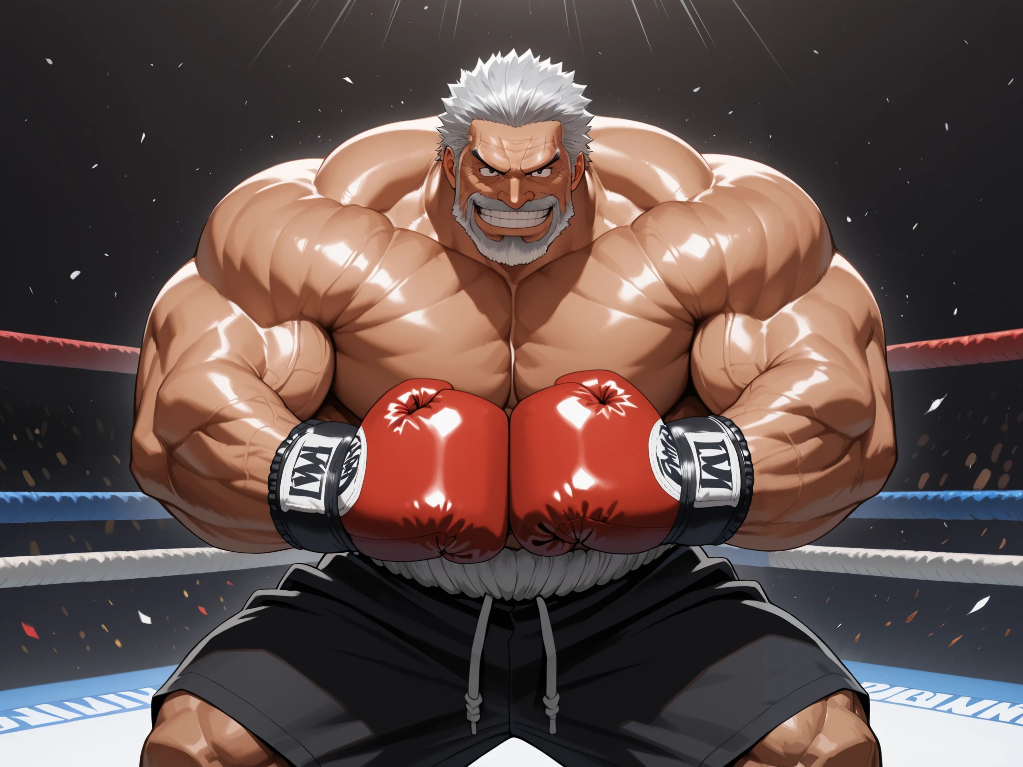 solo, muscular old man, garp, white_Garp_old facial hair, grey_Garp_short hair, black_Garp_scar on face, black_Garp_eyes, happy, grin, boxing, fighting stance, boxing gloves, shirtless, very huge pectoral, shorts, detailed face:1.3, eyes, wide shoulder, thick arms, wide pectoral, muscle, short hair:1.2, masterpiece, semirealistic:1.2, high detailed, 8k, high resolution