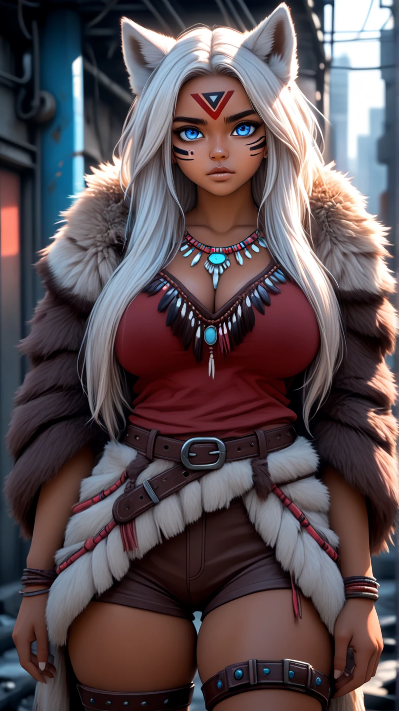 not wearing a skirt, white wall, ((highest quality)), ((intricate details)), ((surreal)), mature woman, mature woman, perspective, very detailed, shape, 1 girl,(big breasts), clothes with open chest,tribeの衣装,torn clothes,tattered clothes,perfect hands, finger details, beautiful and big eyes, long hair, yellow eyes, Snow leopard ears,Snow Leopard Girl(snow leopard tail)tribe(patriarch(leader)), (tribeの衣装:1.4), first round, round earrings, detailed background, dense forest,perfect eyes, enchanting eyes, looking at the viewer,blonde hair,random hairstyle