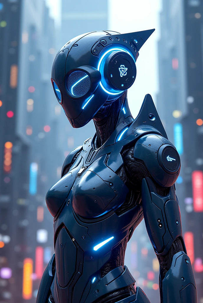 The image depicts a futuristic, robotic figure with a sleek, armored design. The character features a helmet with glowing blue eyes and intricate circuitry patterns. The suit is adorned with neon blue and red lights, highlighting its high-tech appearance. The background is softly blurred, emphasizing the figure's advanced and otherworldly nature.