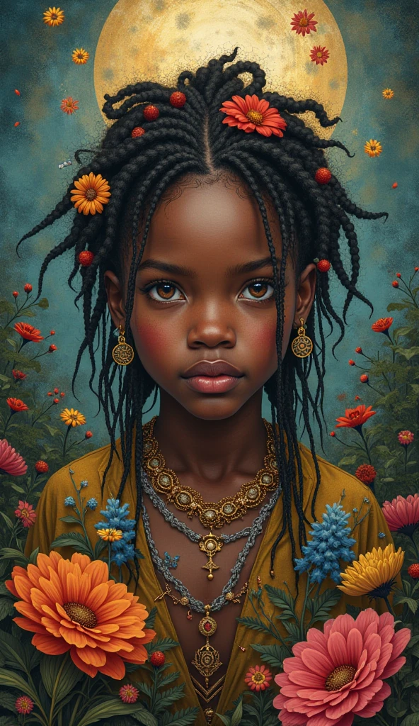photo, mark ryden,ebony girl, girl chubby, fubsy, apple-cheeked, beautiful cheeky girl, whirlwind sunflowers, in Gustav Klimt dress