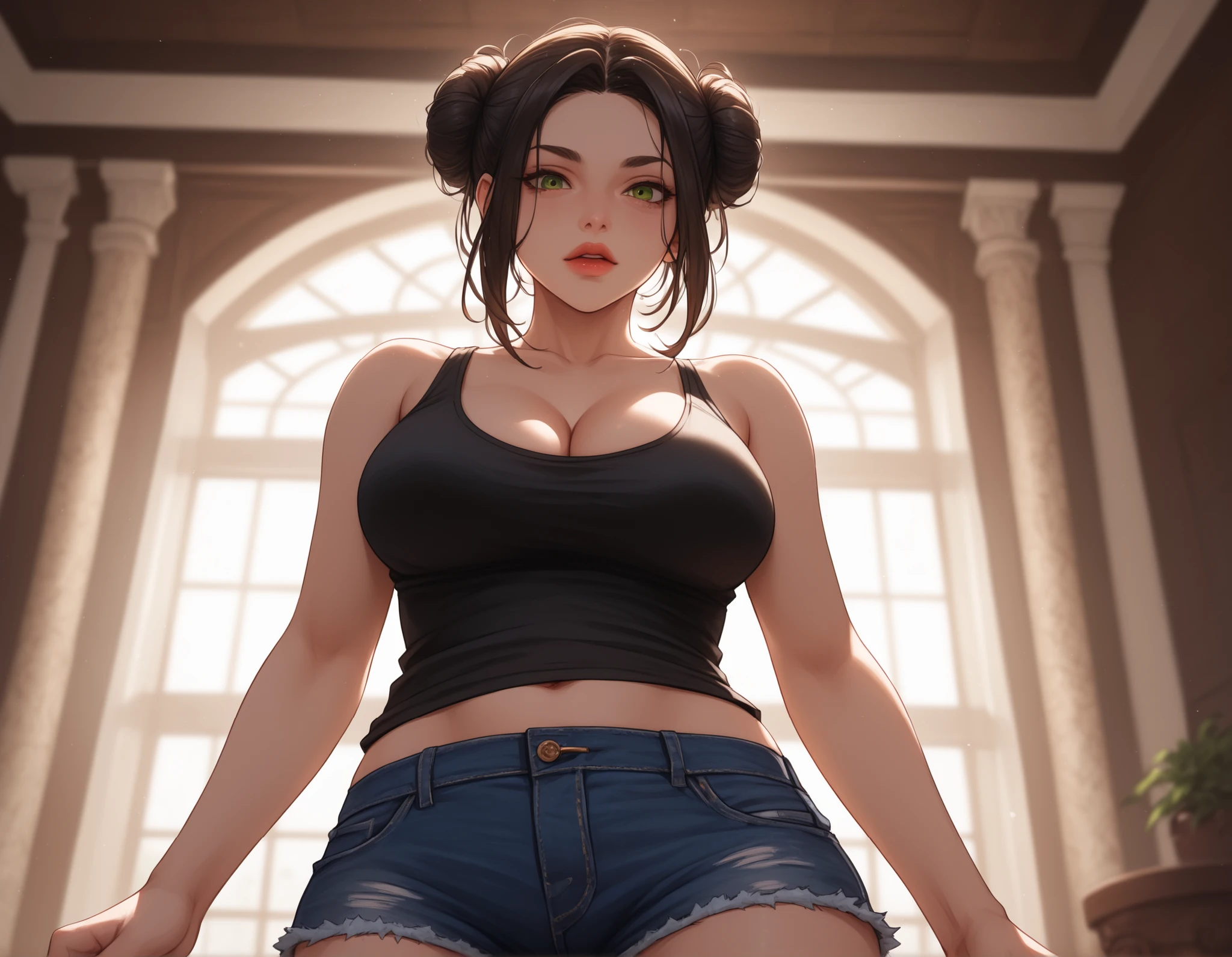 Body top, extremely detailed clothing, black hair, large-breasted girls with cleavage, thin strap-on shirt, bare shoulders, (((photorealism)))), cyber realism, 16k, (1girl), collar, neck chain, kneeling, extremely realistic skin, clothing with details, hands pinned back, side photo